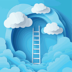 3d Paper cut abstract minimal scene geometric shape template background.Ladder and cloud on blue sky background.Vector illustration