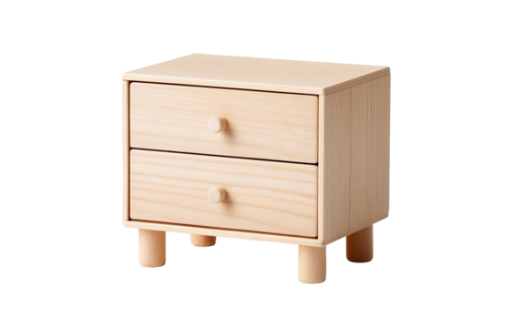 Light-colored wooden two-drawer chest. Simple, rectangular design with small, round drawer pulls.  Sturdy, short legs