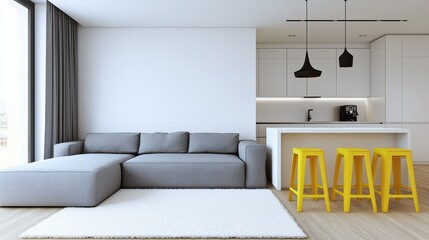 Modern minimalist living room with white walls and stylish furniture