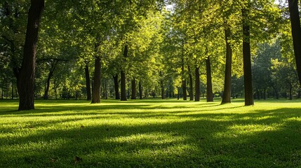 Naklejka premium Lush parkland, sunlight filtering through trees