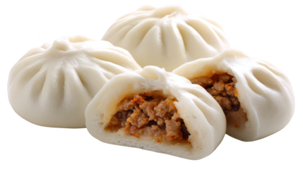Four freshly steamed homemade asian dumplings filled with a savory mixture of minced meat and fresh vegetables, delicious traditional appetizer or main course meal.