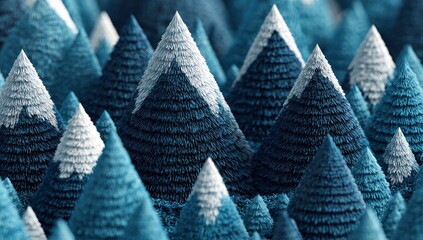 Dense forest of textured, conical trees with snowy peaks