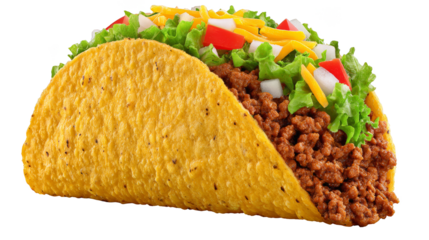 A classic mexican street food taco with savory ground beef, crisp lettuce, diced tomatoes, and shredded cheese nestled in golden yellow corn tortilla, delicious culinary delight.