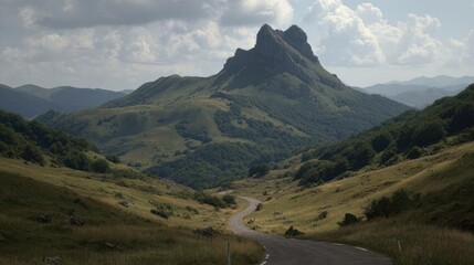 Scenic view of winding road leading up to a distinctive, craggy mountain peak