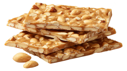 A delectable closeup stack of golden brown homemade peanut brittle candy with crunchy texture, showcasing the sugary glaze and abundant nuts in this classic sweet confection.