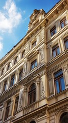 Obraz premium Ornate facade of a historic building against a partly cloudy sky