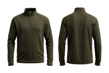 Blank dark green quarter-zip long-sleeve pullover casual shirt apparel mockup front and back isolated view.