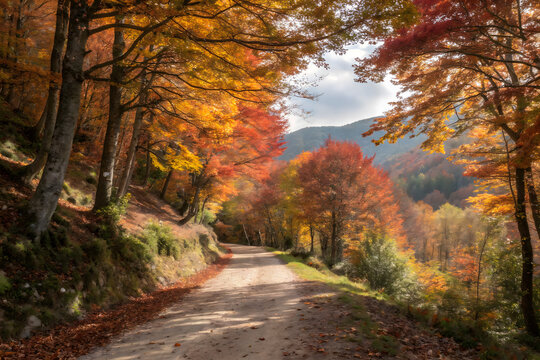 A serene path winds through the vibrant selva de zoa forest in Huesca, Arag&oacute;n, showcasing the beauty of the Pyrenees' western valleys during autumn