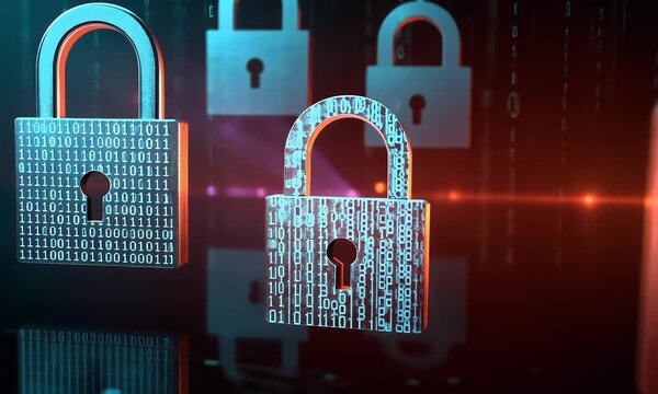 
A digital illustration depicting multiple padlocks in shades of blue and red, representing data security. The background is filled with binary code to symbolize the technological aspect.