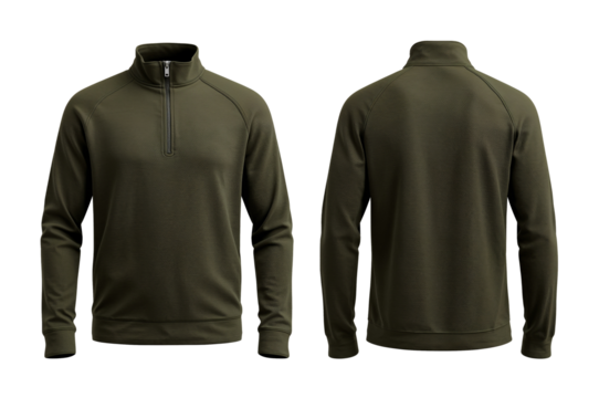 Blank dark green quarter-zip long-sleeve pullover casual shirt apparel mockup front and back isolated view.