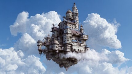 Majestic Floating Castle Surrounded by Fluffy Clouds in a Bright Blue Sky, Evoking Dreams of Fantasy and Adventure, Perfect for Imagination and Creativity
