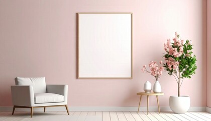 Minimalist Interior with Pink Walls Blank Frame and Floral Accents.