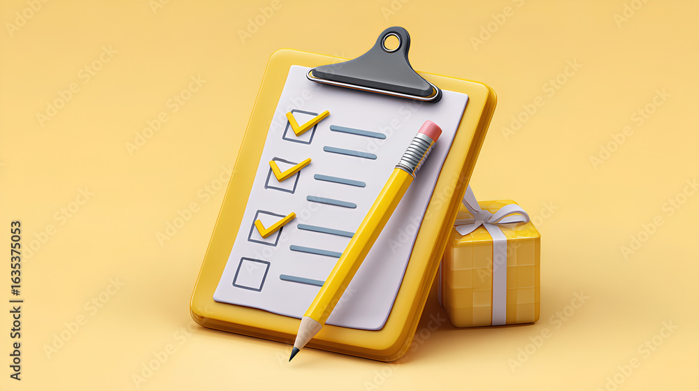 Poster paper clipboard with pencil. 3d notepad, task management concept, todo check list with pen, notes, e