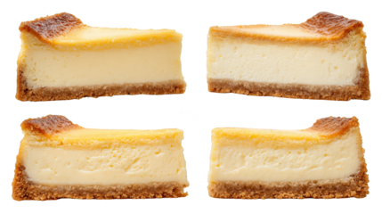 An elegant arrangement of four gourmet artisanal hard cheese wedges displayed on a dark slate background, delicious and savory appetizer or dairy food ingredient for fine dining.