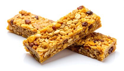 Three granola bars stacked on white background