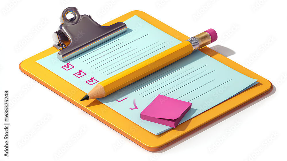 Poster paper clipboard with pencil. 3d notepad, task management concept, todo check list with pen, notes, e