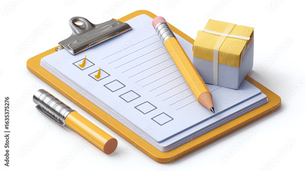 Poster paper clipboard with pencil. 3d notepad, task management concept, todo check list with pen, notes, e