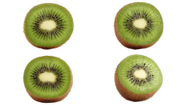 A vibrant studio shot featuring group of four whole, ripe, and fuzzy brown kiwis, highlighting their fresh, organic, nutritious appeal as healthy tropical fruit choice.