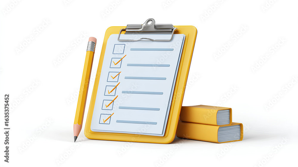 Poster paper clipboard with pencil. 3d notepad, task management concept, todo check list with pen, notes, e