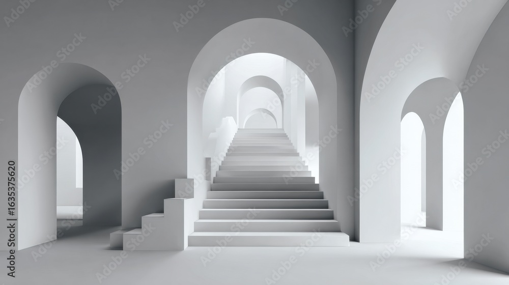 Poster modern minimalistic architecture with stairs and arches in a bright white interior space featuring s