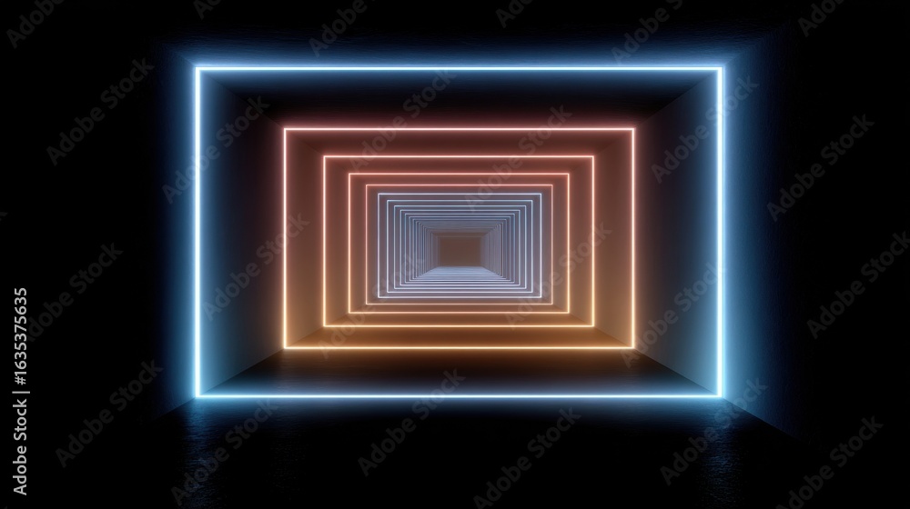 Poster Futuristic Light Tunnel with Neon Stripes Creating Depth and Perspective in a Dark Setting Ideal for Abstract Art Resources and Modern Design Projects