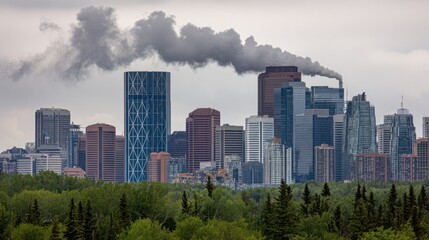 Obraz premium Skyline of a city with tall buildings and smokestack rising above lush, green treetops