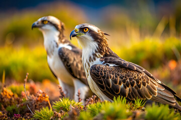 Fototapeta premium Side view of predatory ospreys sitting on ground in wild nature in daylight