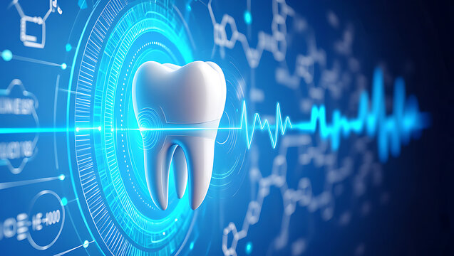 White tooth with blue digital interface and waveform