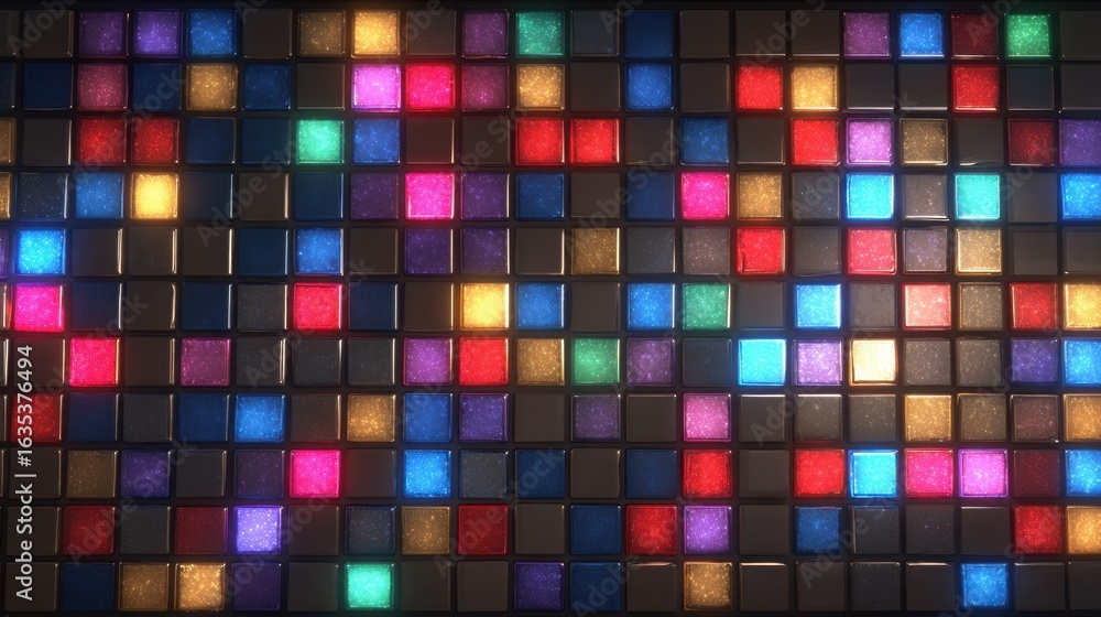 Poster colorful lighted squares in a grid pattern creating a vibrant and playful artistic display with vari
