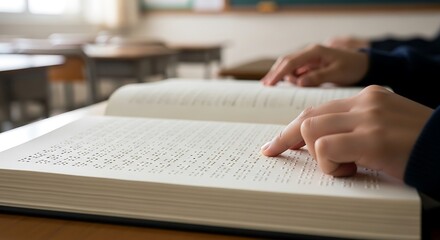 Student reading braille textbook carefully in classroom, learning and empowering educational opportunities
