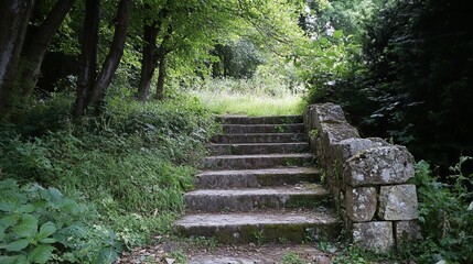 Fototapeta premium Stone steps leading through a shaded, overgrown park