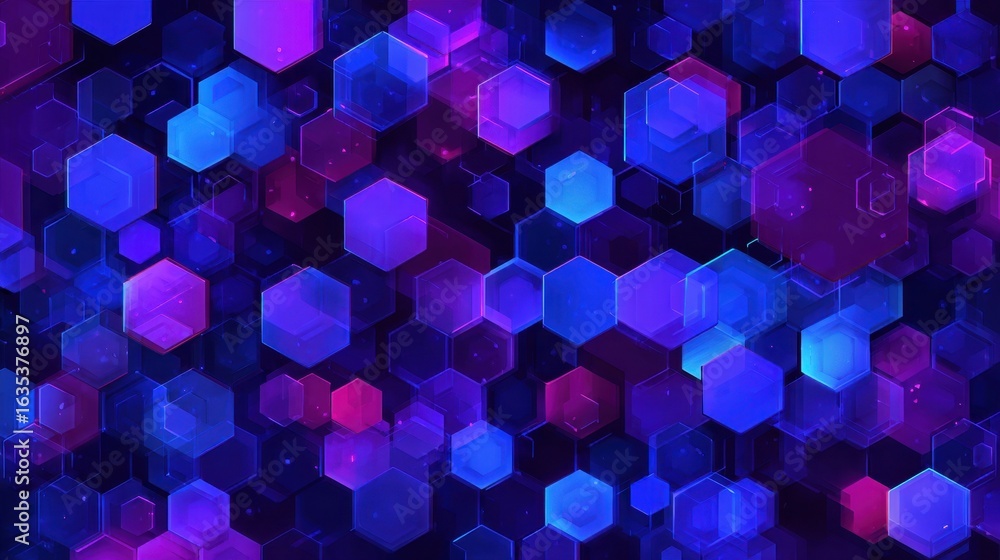 Poster colorful and abstract geometric pattern with hexagonal shapes and vibrant blues, purples, and pinks 