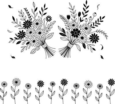 Minimalist Rest In Peace Floral Illustration with Daisy Flowers and Leaves Bouquets in Black and White
