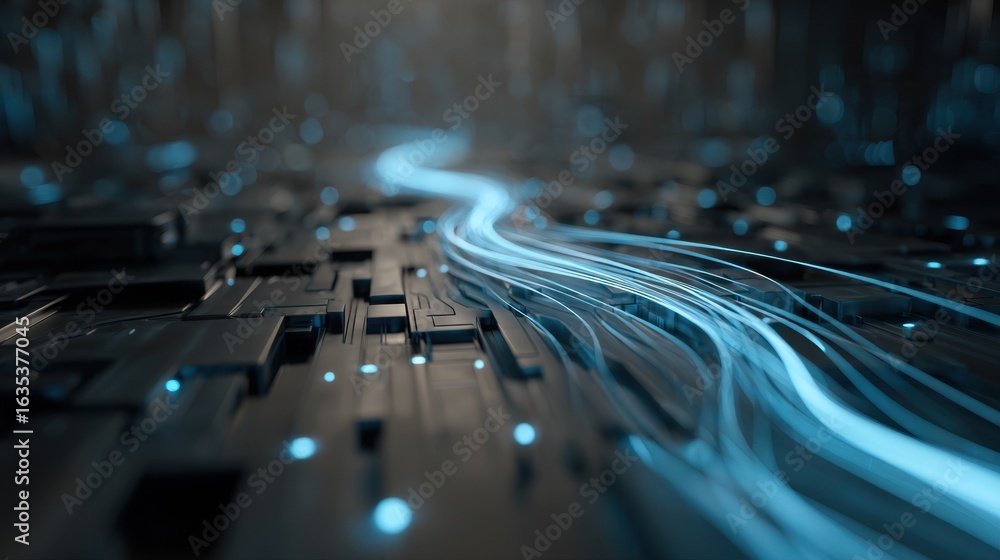 Poster abstract representation of technology and data flow with glowing blue lines and dark geometric patte