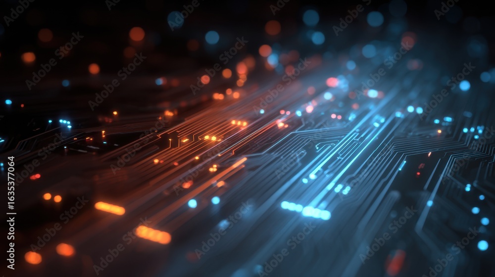 Poster abstract futuristic technology background with glowing orange and blue lights illuminating circuit l