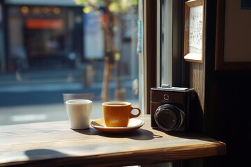 Sunny cafe window seat with coffee and camera