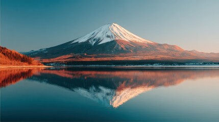 Snow-capped mountain reflects in still lake, sunset colors the sky, trees line shore