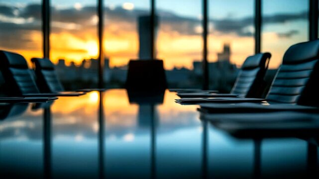 Empty Office Conference Room at Sunset Overlooking the City Skyline View