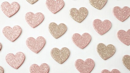 Fototapeta premium Pastel Glitter Hearts Pattern on White Background, Cute Romantic Decorative Art
