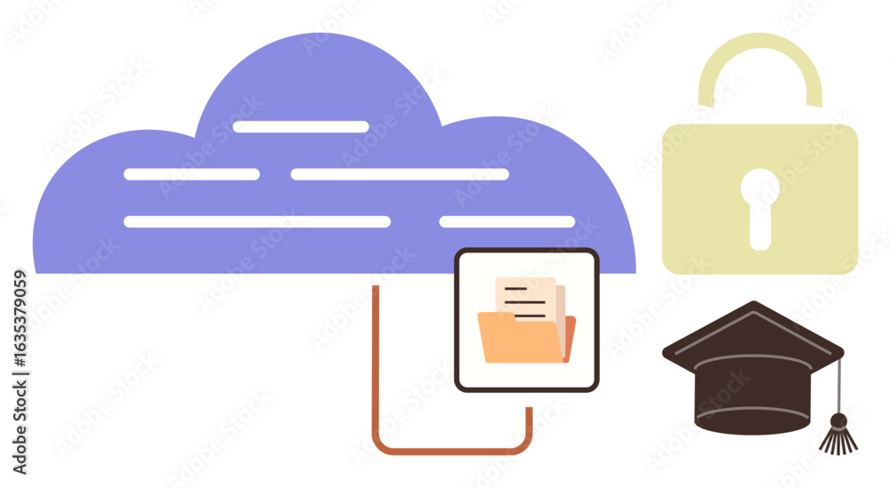 Aufkleber cloud connected to a file folder, symbolizing data access. locked padlock represents security, and g