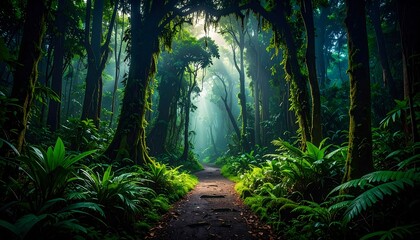 Obraz premium Lush Rainforest Trail with Sunlight Streaming Through Canopy for Background