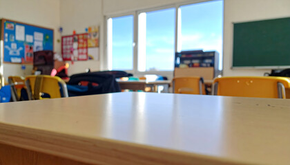 Empty Classroom with Desks and School Supplies Under Bright Sunshine and a View of the Blue Sky through Open Window