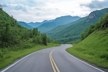 Naklejka premium Winding road through lush green mountain valley