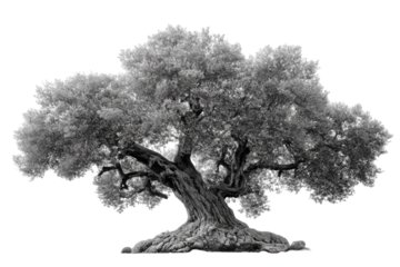 Monochrome majestic tree, sprawling branches, ancient roots