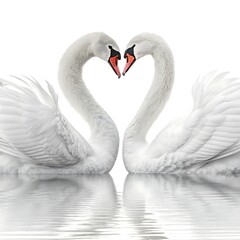 Fototapeta premium Two white swans forming a heart shape with their necks, isolated on white background