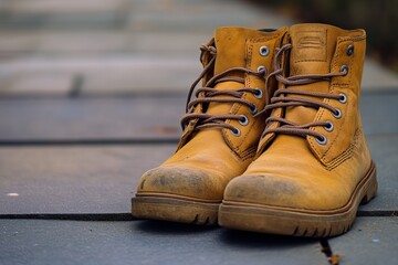 Worn, mustard-yellow work boots on gray stone