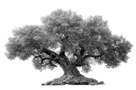 Monochrome majestic tree, sprawling branches, ancient roots