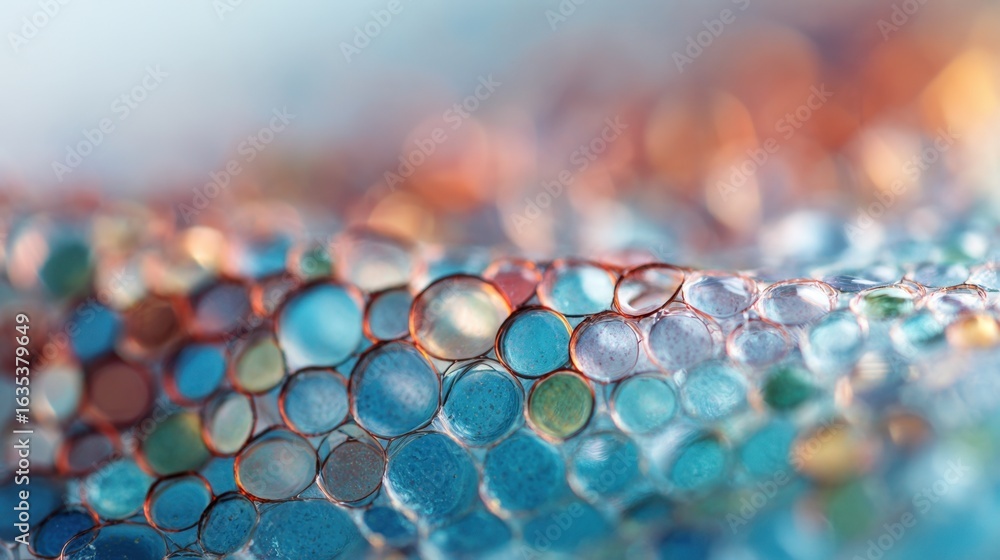 Poster close-up view of colorful bubble surface with blue and orange hues capturing light and reflections i