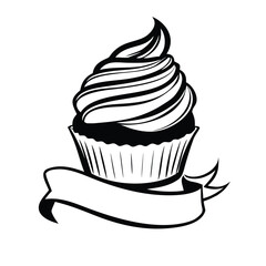 Cupcake Woodcut Vector Illustration - Vintage Sweet Dessert Engraving with Banner Logo