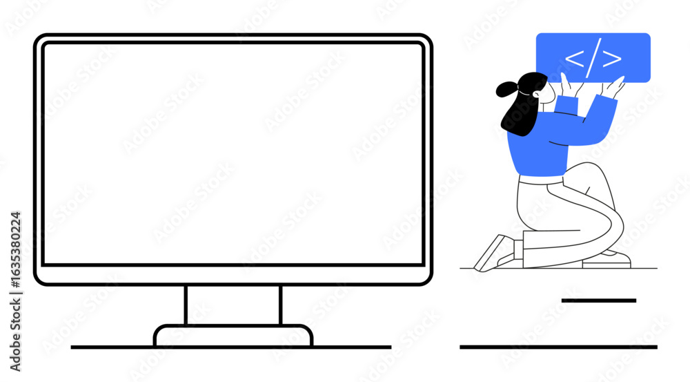 Poster woman kneeling, inserting code panel into blank monitor. ideal for coding, development, technology, 